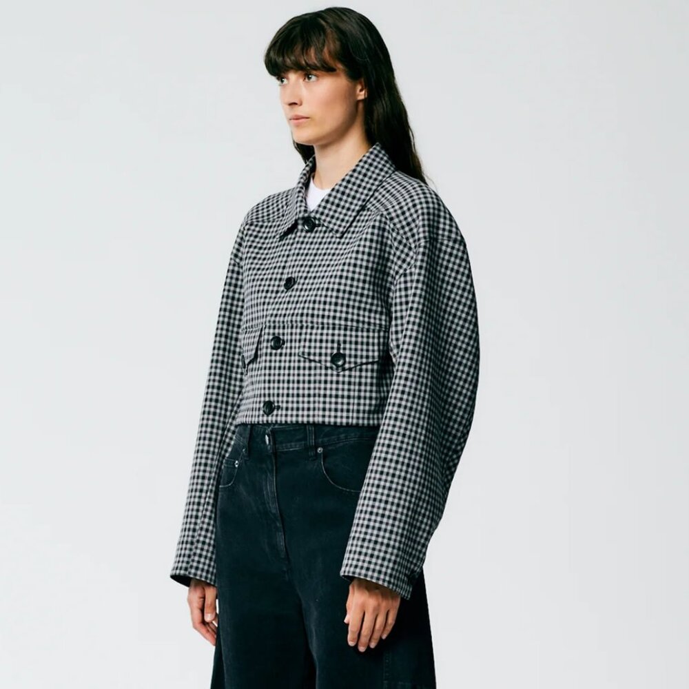 Tibi Double Faced Menswear Check Cropped Jacket Plaid Grey Wool Blend Size L